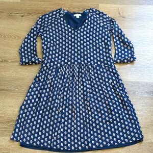 Garnet Hill Blue Block Print Raglan Sleeve Babydoll Bohemian Dress